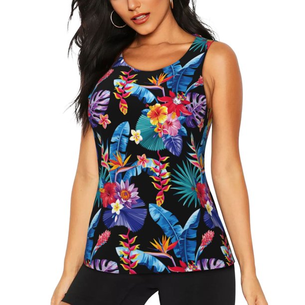 Fotbe Tropical Palm Leaves Blusas Sin Mangas para Mujer – Estilo Casual, Corte Suelto, Slim-Fit, Cuello Redondo Deportivo, Tops de Verano para Gimnasio y Yoga-Large