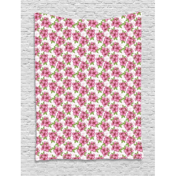 Almond Blossom Tapestry, Cherry Blossom Pattern with Foliage Leaves Asian Oriental Flowers, Wall Hanging for Bedroom Living Room Dorm Decor, 60"W X 80"L, Pink Green and White, by Ambesonne