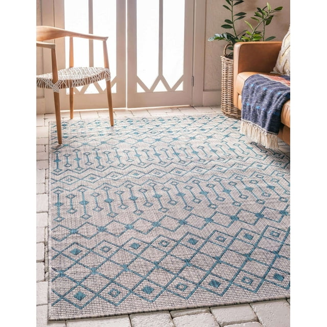Unique Loom Trellis Collection Tribal Geometric Transitional Indoor and Outdoor Flatweave Area Rug, 6' x 9', Gray/Teal
