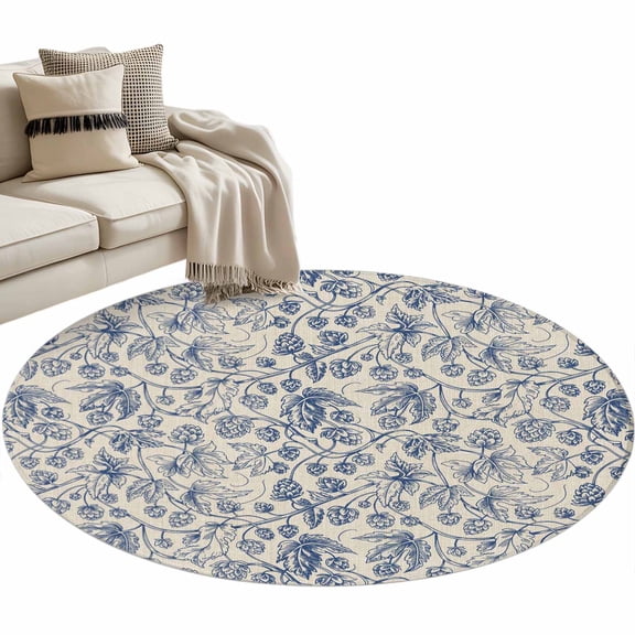 Round Rugs 4 Ft, Blue Flowers Non Slip Area Rugs for Kitchen Bedroom Entryway, Retro Rustic Botanical Floral Leaves Vines Washable Carpet Runner Rug Floor Mats for Bedroom Home Decor