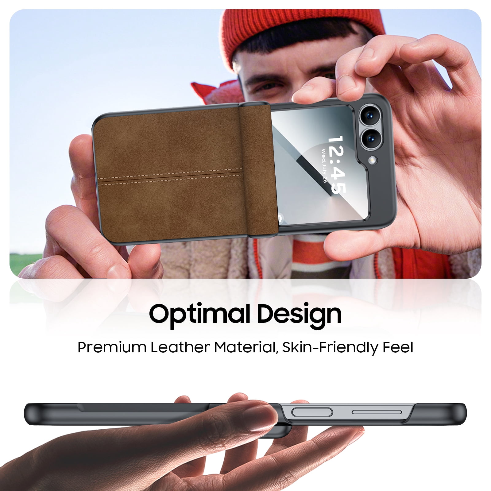Oupeigar for Samsung Galaxy Z Flip 6/7FE Phone Case With Hinge Protection & Screen Protection,Ultra Thin Leather Shockproof Cover Case-Brown