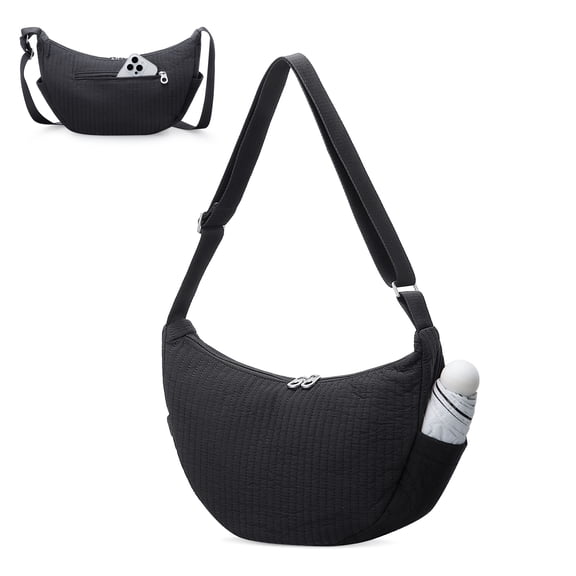 URSOFINE Quilted Puffer Hobo Bag for Women Men - Adjustable Strap Crescent Crossbody Shoulder Bag, Lightweight 2-Zipper Dumpling Casual Handbag with Multiple Pockets (Black)