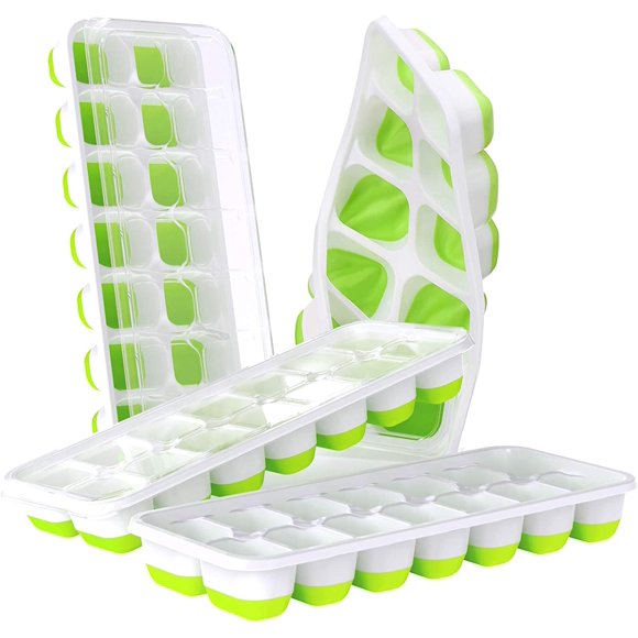 DOQAUS Bacs à Glaçons 4 Pack, Bacs à Glaçons en Silicone et Flexibles à Démoulage Facile avec Couvercle Amovible Anti-Débordement, Certifiés LFGB et Sans BPA, pour Cocktail, Congélateur, Bacs à Glaçons Empilables avec Couvercles