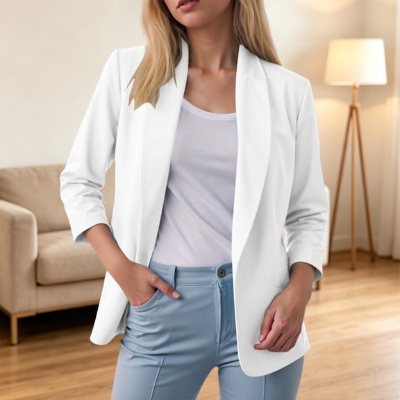thefmos Women's Fall Winter Spring 3/4 Sleeve Blazer Open Front Casual Work Jacket Solid Collared Business Tops Lightweight Office Outerwear, White L