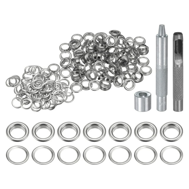 Unique Bargains 100pcs Grommet Tool Kit 8mm Grommet Eyelet Set with Hole Hollow Punch, Grommet Setter Tools, Silver Tone