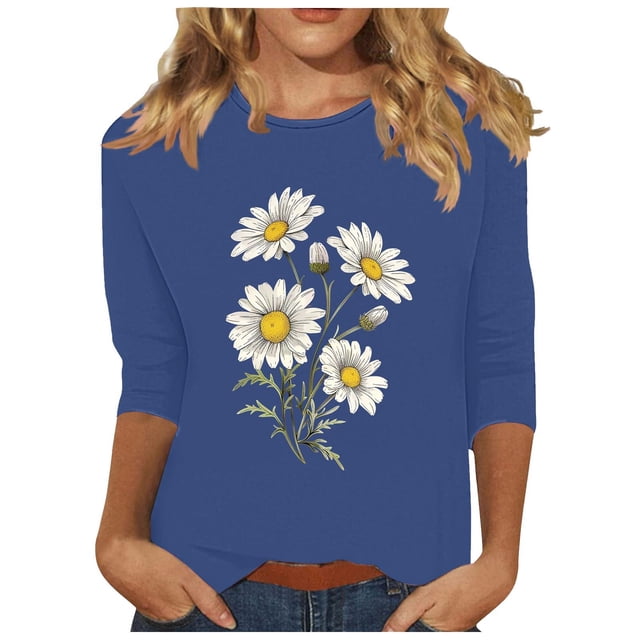 Tnhcen Chemises à Manches 3/4 pour Femmes avec Imprimé Floral d'Automne et Col Rond - Basiques Décontractés Grande Taille P-3TG