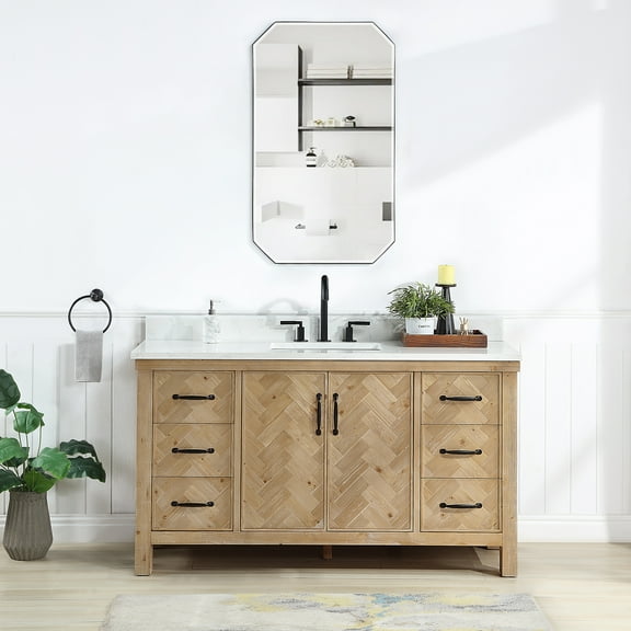Javier 60" Bath Vanity in Spruce Antique Brown with White Grain Stone and Mirror