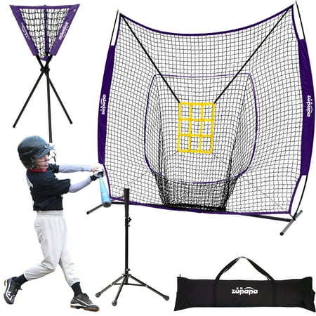 Zupapa 7'x7' Baseball Softball Practice Net Tee Caddy Set with Strike Zone