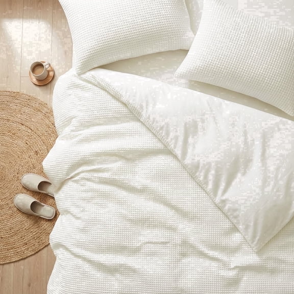 DCSKY 3-Piece Breathable Waffle 100 Cotton Duvet Cover, King Size, Milk White, 108x90 Inch Bedding Set