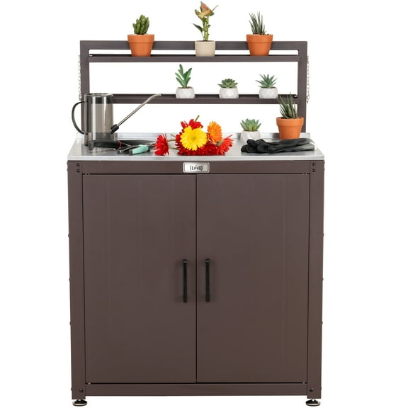 Feasto Garden Potting Bench with Storage Cabinet,Outdoor Gardening Table & Work Bench for Horticulture,Brown