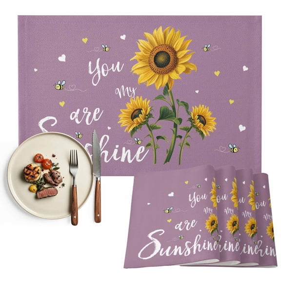 Placemats Set of 6, You Are My Sunshine Place Mats Bee Heart Floral Lavender Purple Tablemats Washable Placemat Table Decoration for Kitchen Table Dinner Party Home Decor Indoor Outdoor 13x19 Inch