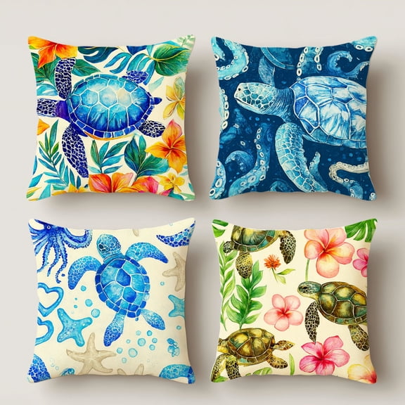 HUGNEO 14x14 Inch Watercolor Sea Turtle Ocean Pillow Cover, Summer Decorative Cushion Case for Sofa Bedroom, No Insert