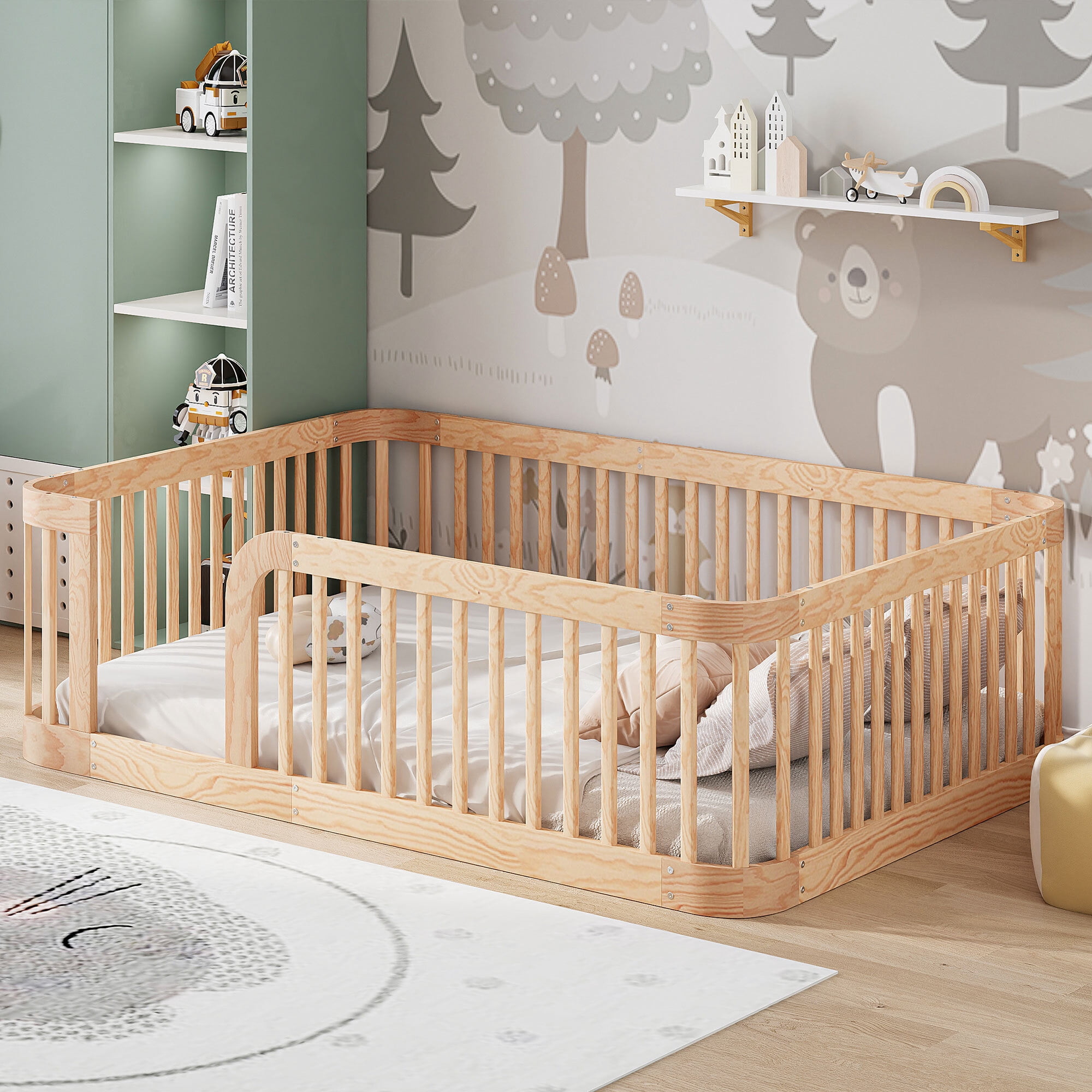 Euroco Full Size Floor Bed with Fence for Kids Teens and Toddlers, Natural