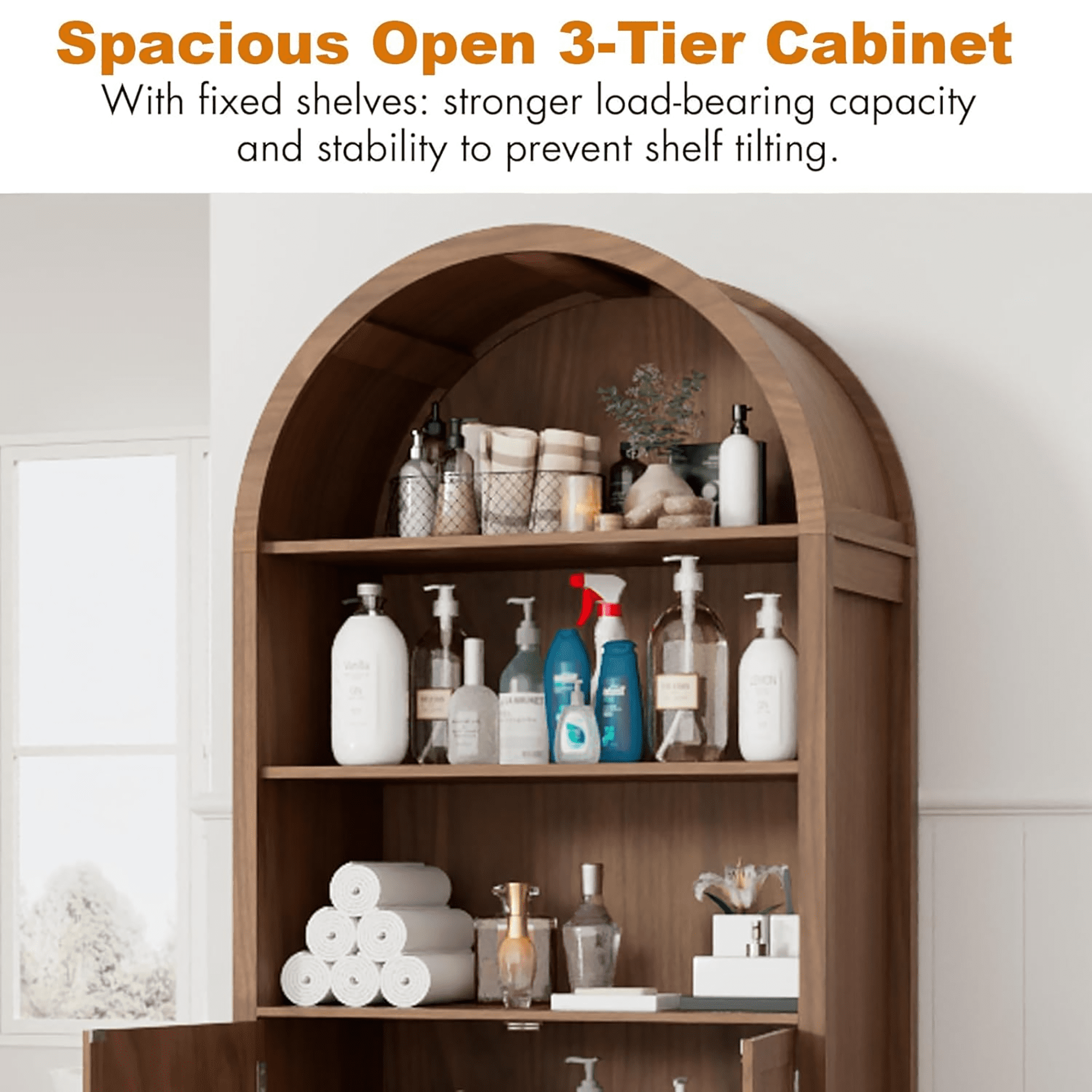 Oubayajia 70.9" Tall Storage Cabinet, Arched Kitchen Cupboard with with Fluted Doors for Living Dining Room, Walnut