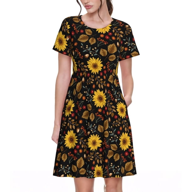 Easygdp Sunflowers Leaves para Vestido Transpirable de Mujer, Vestido Suelto de Manga Corta con Pliegues y Bolsillos para el Verano