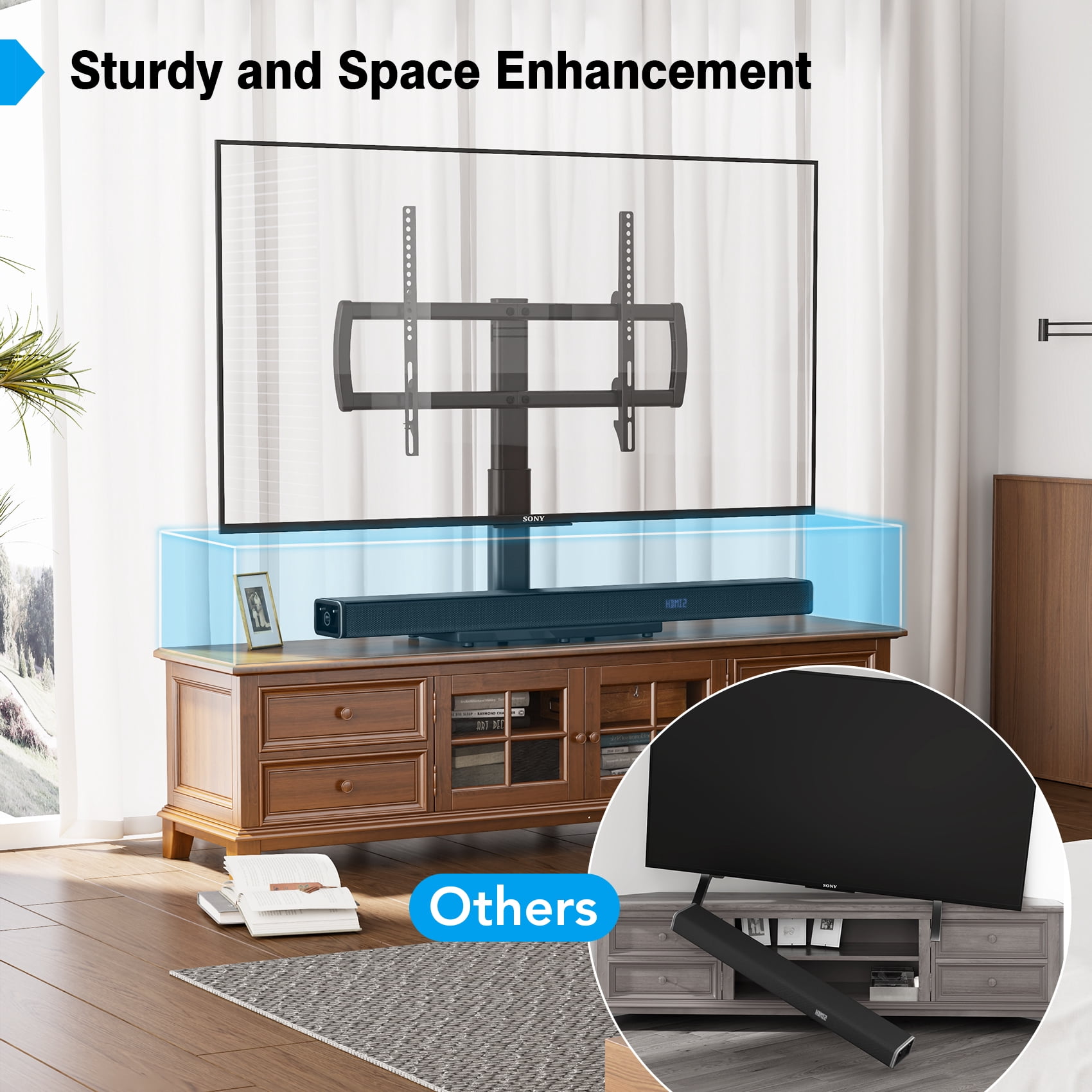 Universal TV Stand/ Base Tabletop TV Stand with Wall Mount for 32 to 65 inch 4 Level Height Adjustable, Heavy Duty Tempered Glass Base, Holds up to 99lbs Screens, HT03B-002