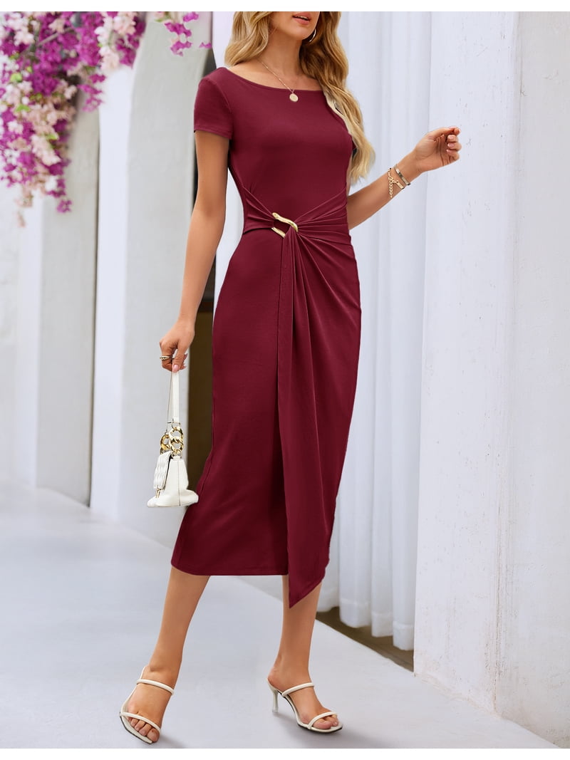 boat neck burgundy dress Fit and Flare Midi Dress in Burgundy, Boat Neck Swing Dress With Pockets, Short Sleeve Party Dress, Mother of the Bride Dress 2336#