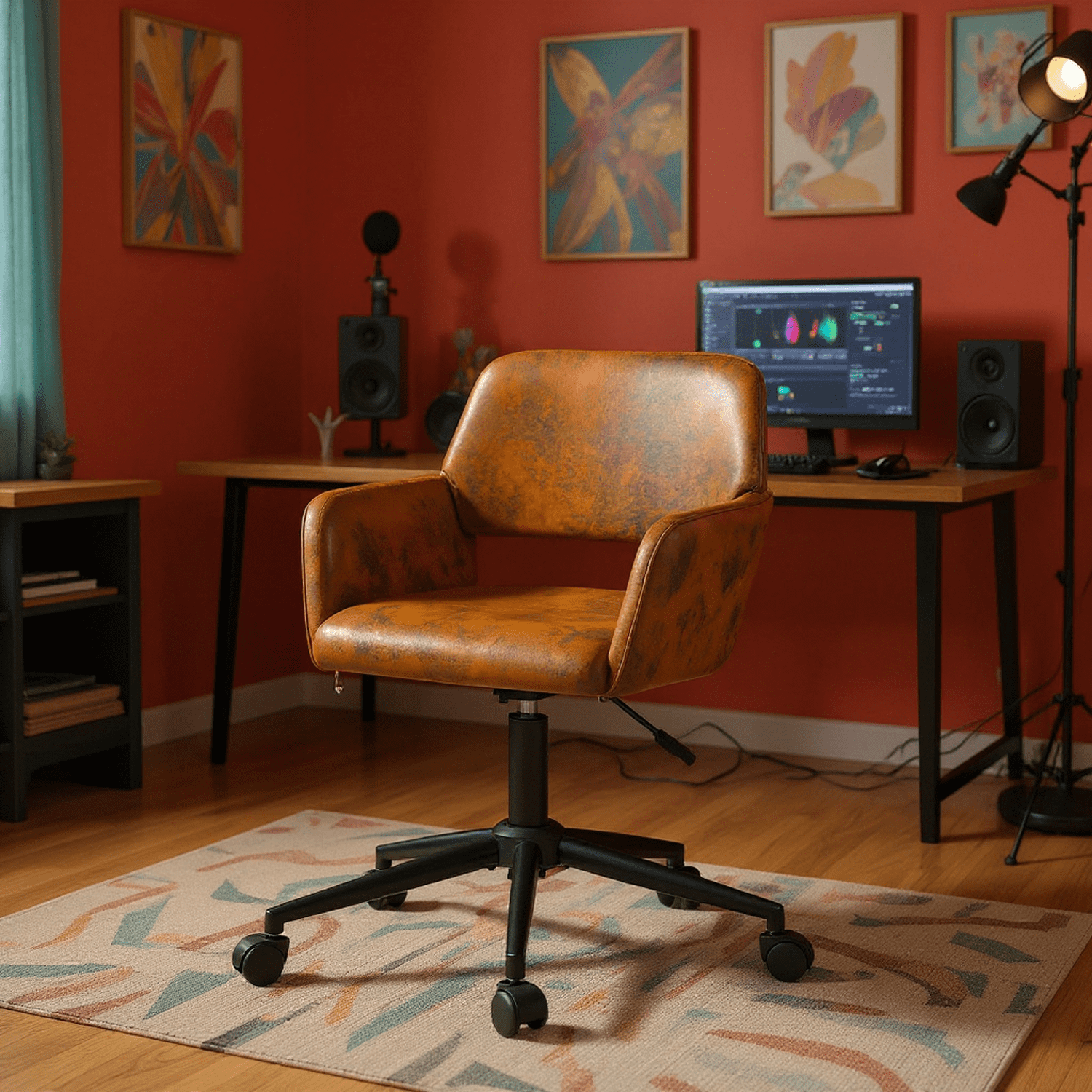 Homy Casa Swivel Vanity Chair with Adjustable Height and Upholstered Seat, Brown Faux Suede