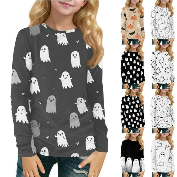 Drmagiyhm Girl's T-Shirts Size 10-12 Cute Halloween Floral Print T-Shirt Casual Holidays Fashion Crewneck Shirts Girls Long Sleeve Tops 11-12 Years Black