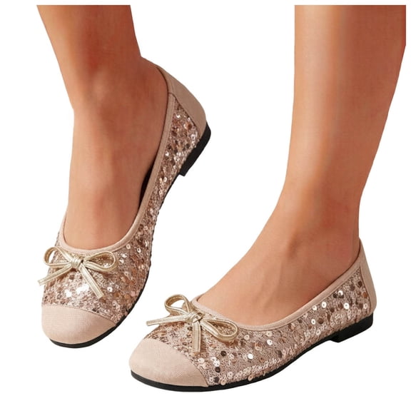 HEWUQI Women's Mary Jane Flats Foldable Shining Glitter Ballet Shoes Wide Toe Box Comfortable Slip on Footwear for Casual Travel Barefoot Beige Size 6