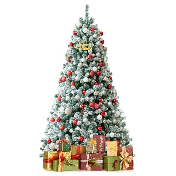 Topbuy 7FT Snow Flocked Artificial Christmas Hinged Tree Pre-lit Artificial Xmas Full Tree with 1116 Branch Tips