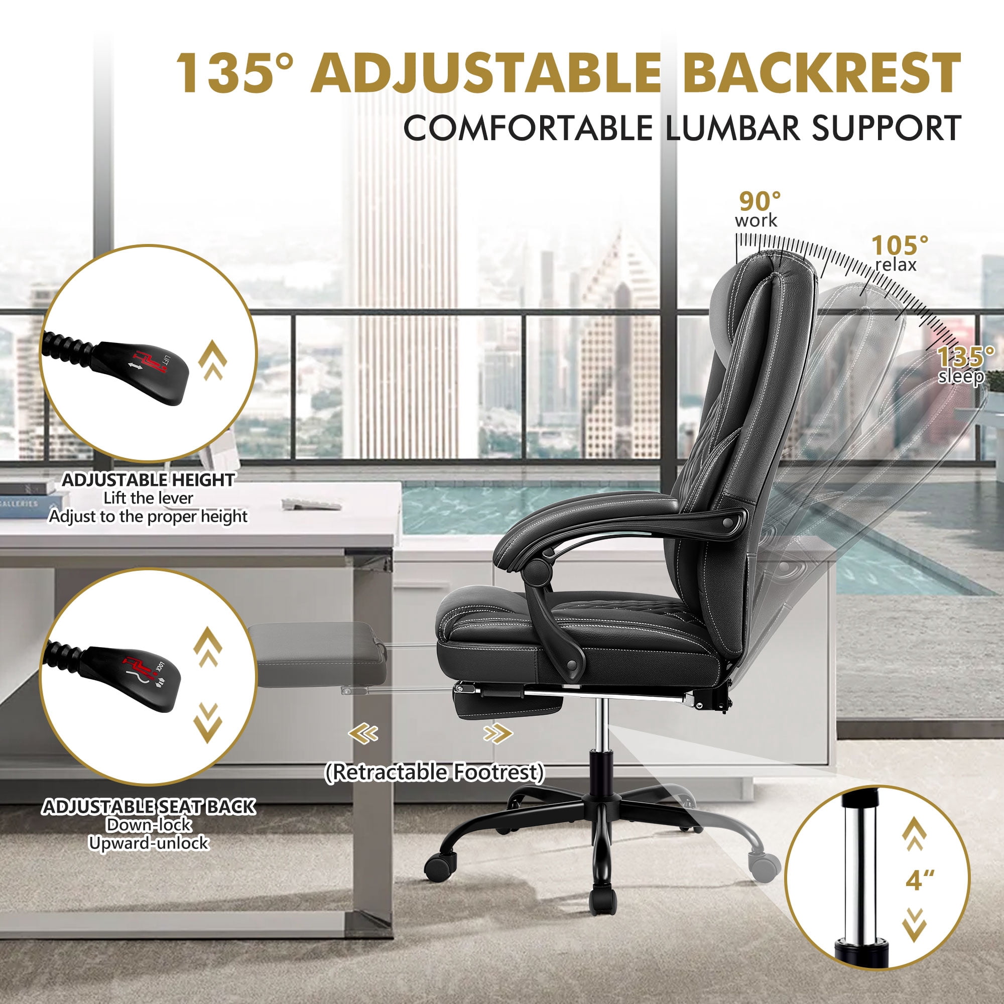 Primy Office Chair with Retractable Footrest, Ergonomic High Back Executive Computer Desk Chair, Big & Tall PU Leather Reclining Chair for Home Office Work