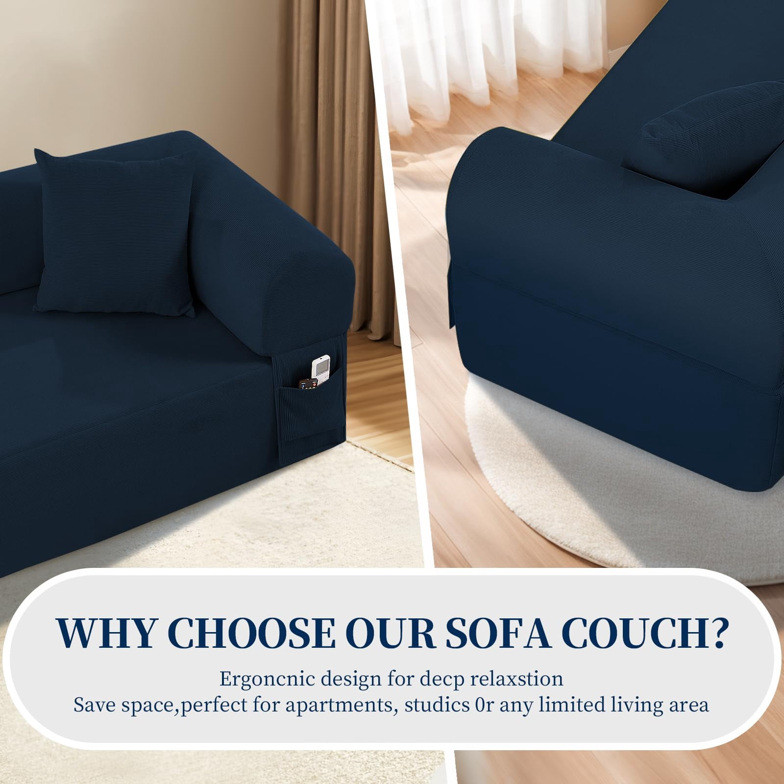 3-Seater Sofa, 83" No Assembly Deep Loveseat Couch in A Box, Spring & High-Elastic Sponge Filling Sofas with 2 Cushions & Side Storage Pockets for Living Room Apartment, Blue