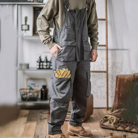 

KDJ Mens Retro Cotton Overalls Loose Washing Jumpsuit Cargo Suspenders Baggy Pants
