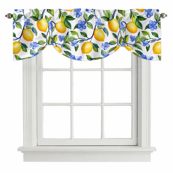 Vintage Lemon Tie Up Window Valance Watercolor Blue Flowers Tie-up Valance for Kitchen Windows Adjustable Small Curtain Balloon Shades for Kitchen Bathroom Cafe 42x18inch