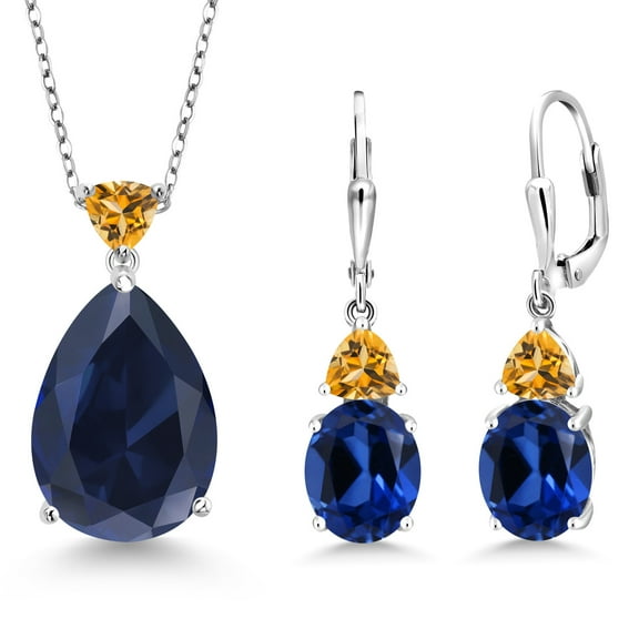 Gem Stone King 925 Sterling Silver Blue Created Sapphire and Yellow Citrine Pendant Earrings Jewelry Set for Women (20.46 Cttw, Pear Shape 18X13MM, with 18 inch Chain)