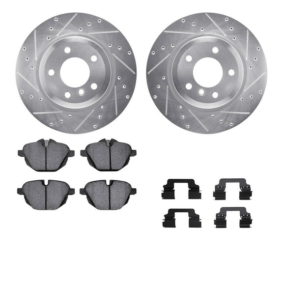 Dynamic Friction Company Rear Brake Rotors-Drilled and Slotted-Silver with 5000 Euro Ceramic Brake Pads includes Hardware 7612-31091