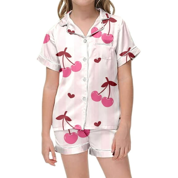 SUYIDA Silk Pajamas for Girls Set Lapel Button Down Flower Print Short Sleeve Pjs Casual Home Clothes 2-Piece Sleepwear Pjs for Kids Pink,150