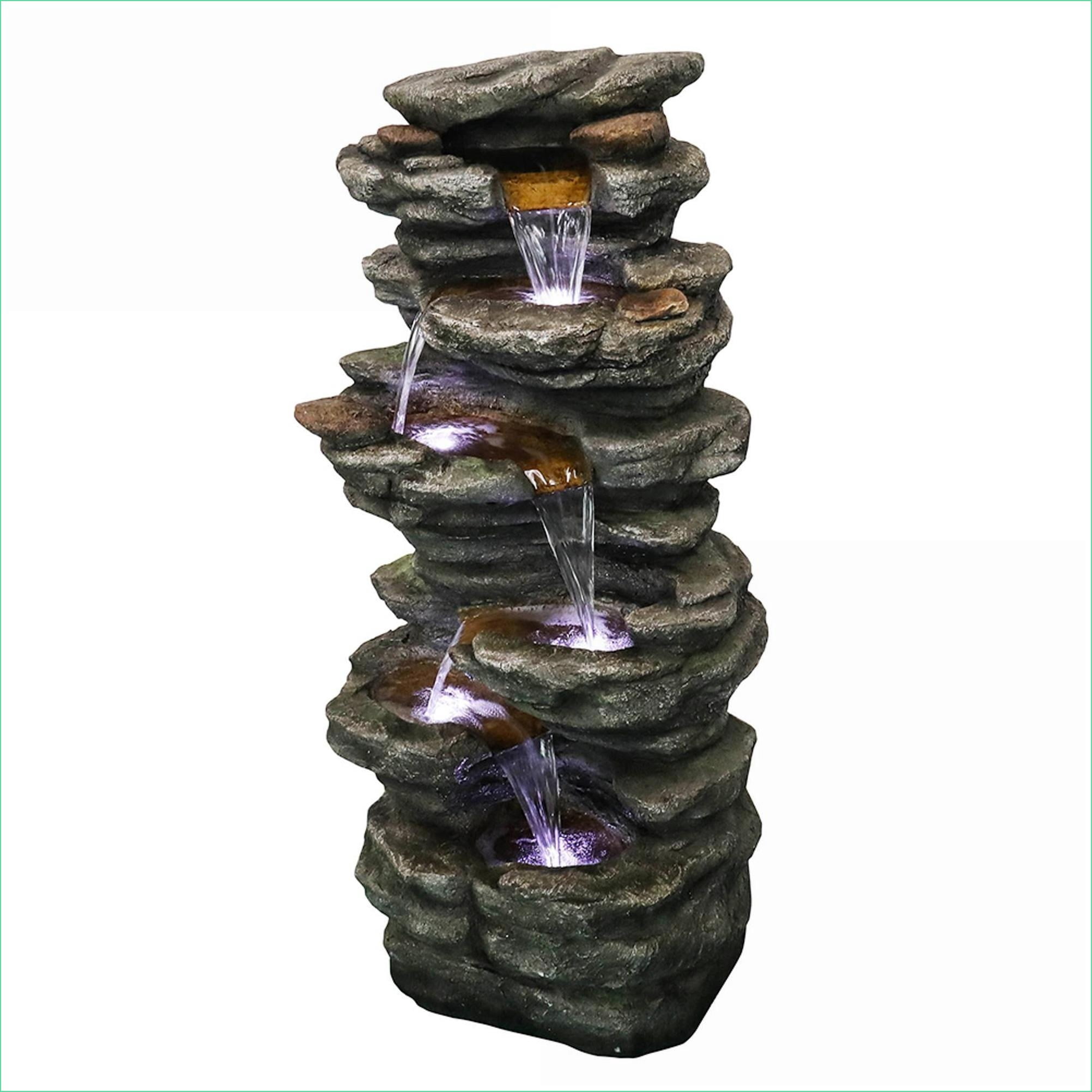 Fountains | 40" 6-Tier Cascading Outdoor Water Fountain, LED Lights, for Garden Patio Deck Yard | Gray|Resin