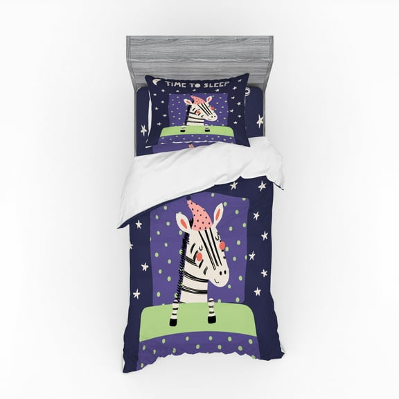 Nursery Duvet Cover Set, Scandinavian Style Illustration Sleeping Zebra in a Nightcap Time to Sleep Words, Bedding Set with Shams and Fitted Sheet, 3 Sizes, by Ambesonne