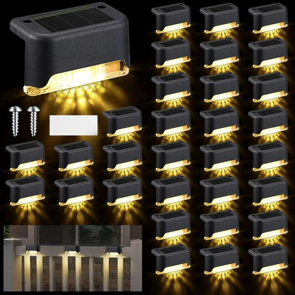32 Pcs Solar Deck Lights Outdoor, Waterproof LED Solar Step Fence Lights for Stairs, Step, Railing, Patio, Driveway, Garden, Pathway and Yard(Black Shell Warm White Light) Black Shell Warm White