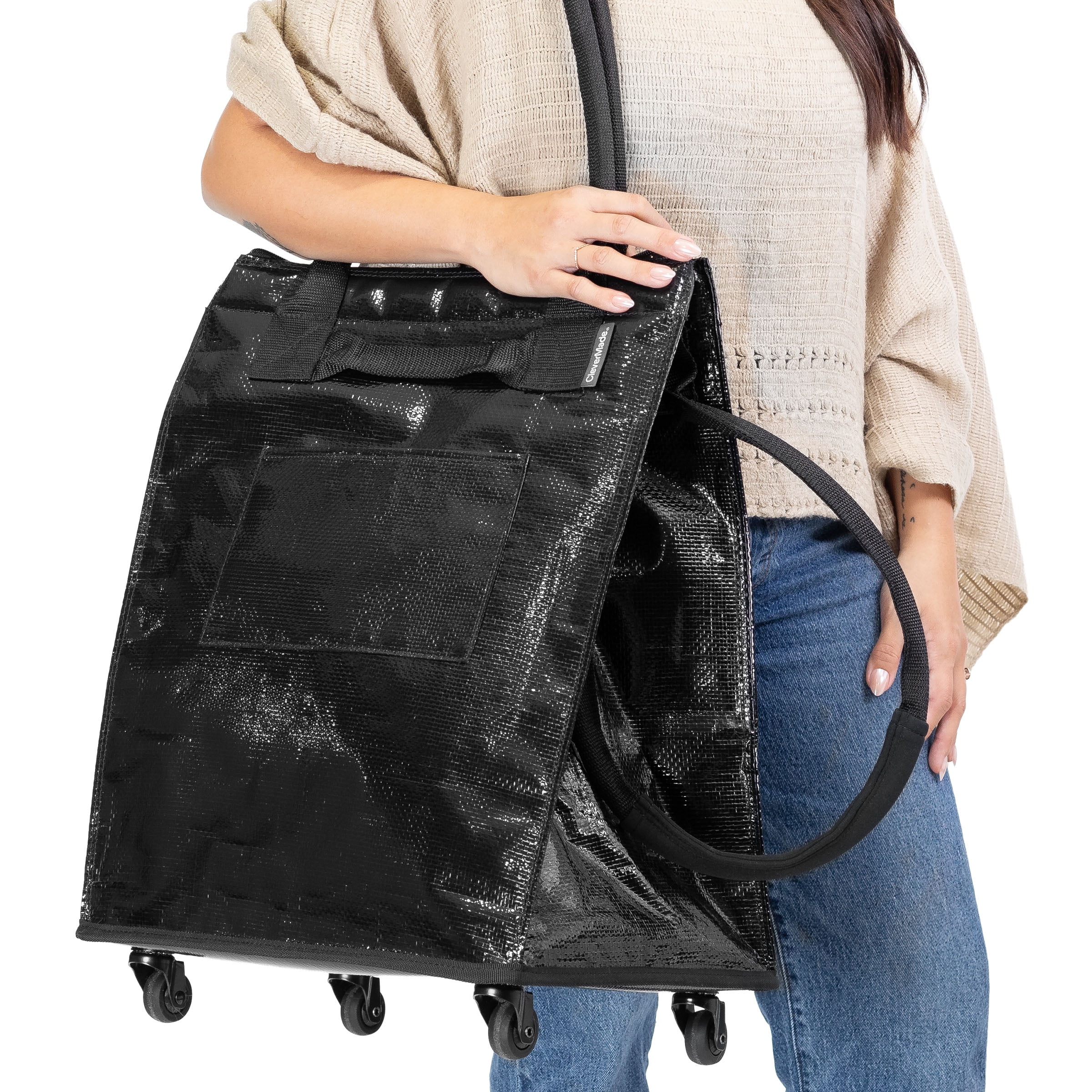 CleverMade 62L Collapsible Rolling Tote Cart, Black