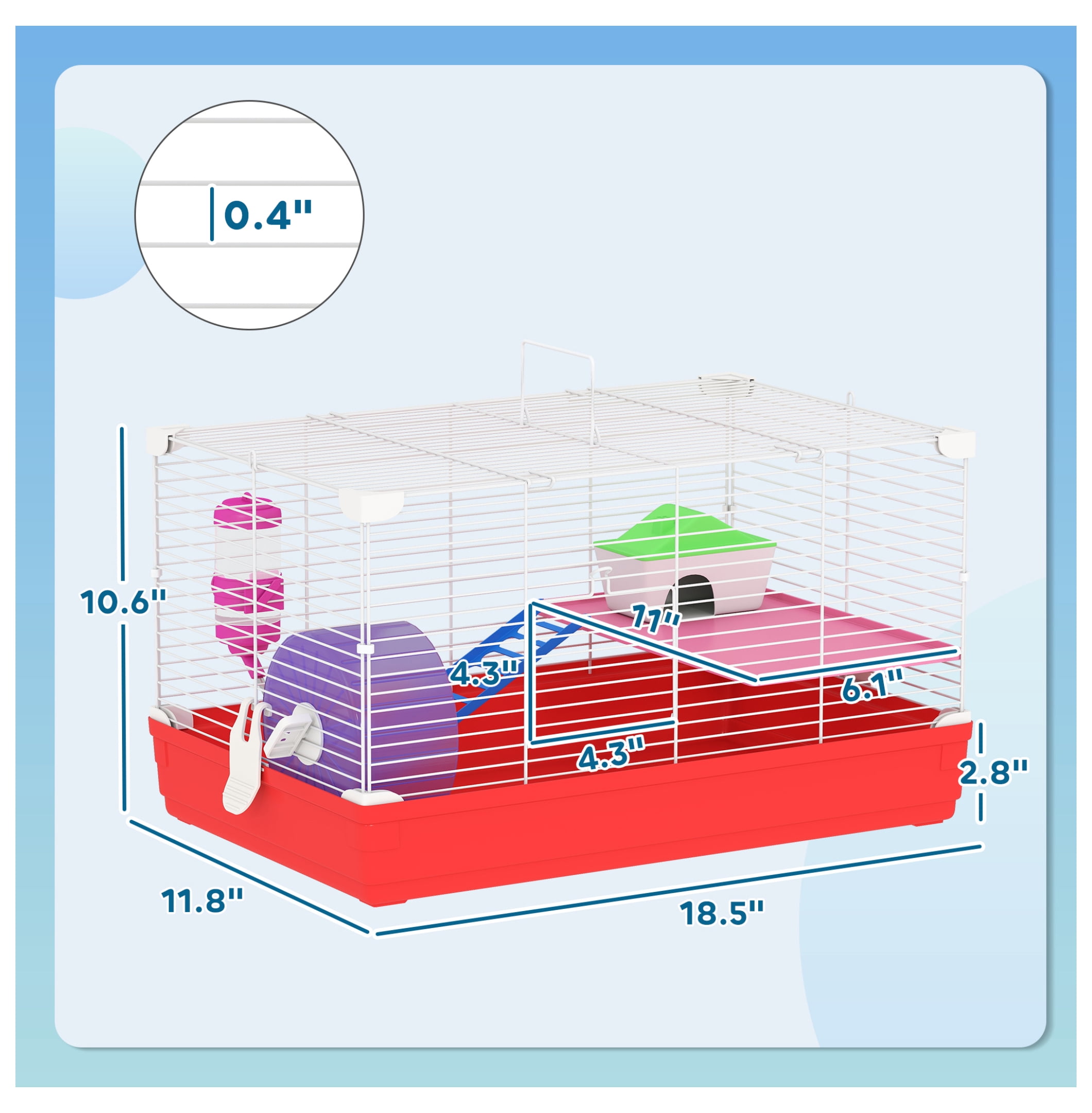 Hamster Cage 18.5", 2-Story Small Animal Habitat Kit - Wheel, Bottle, Dish, Rat House - Red