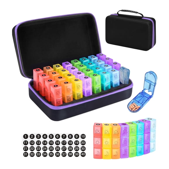 Monthly Pill Organizer 3 Times a Day - 31 Day Pill Box with Pill Cutter, Hard Shell Travel Case, and Weekly Bag, Purple
