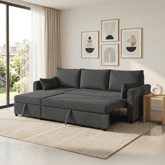 Xiweot 85" Sectional Sleeper Sofa Bed, L Shaped Couch with Pull Out Bed & Storage Chaise, Corduroy 3 Seat Sectional Couch for Living Room Apartment Small Space (Black) (Black)
