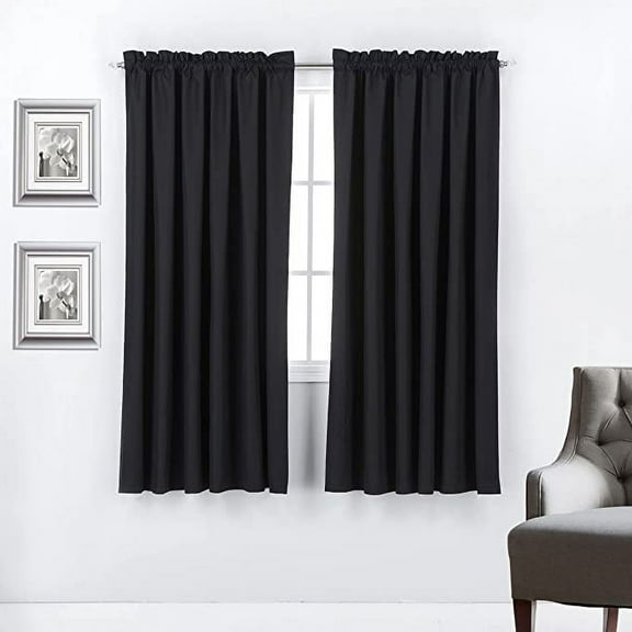 2 Piece 100% Blackout Rod Pocket Window Panel Curtain Drape Set 52"W x 63"L, Black