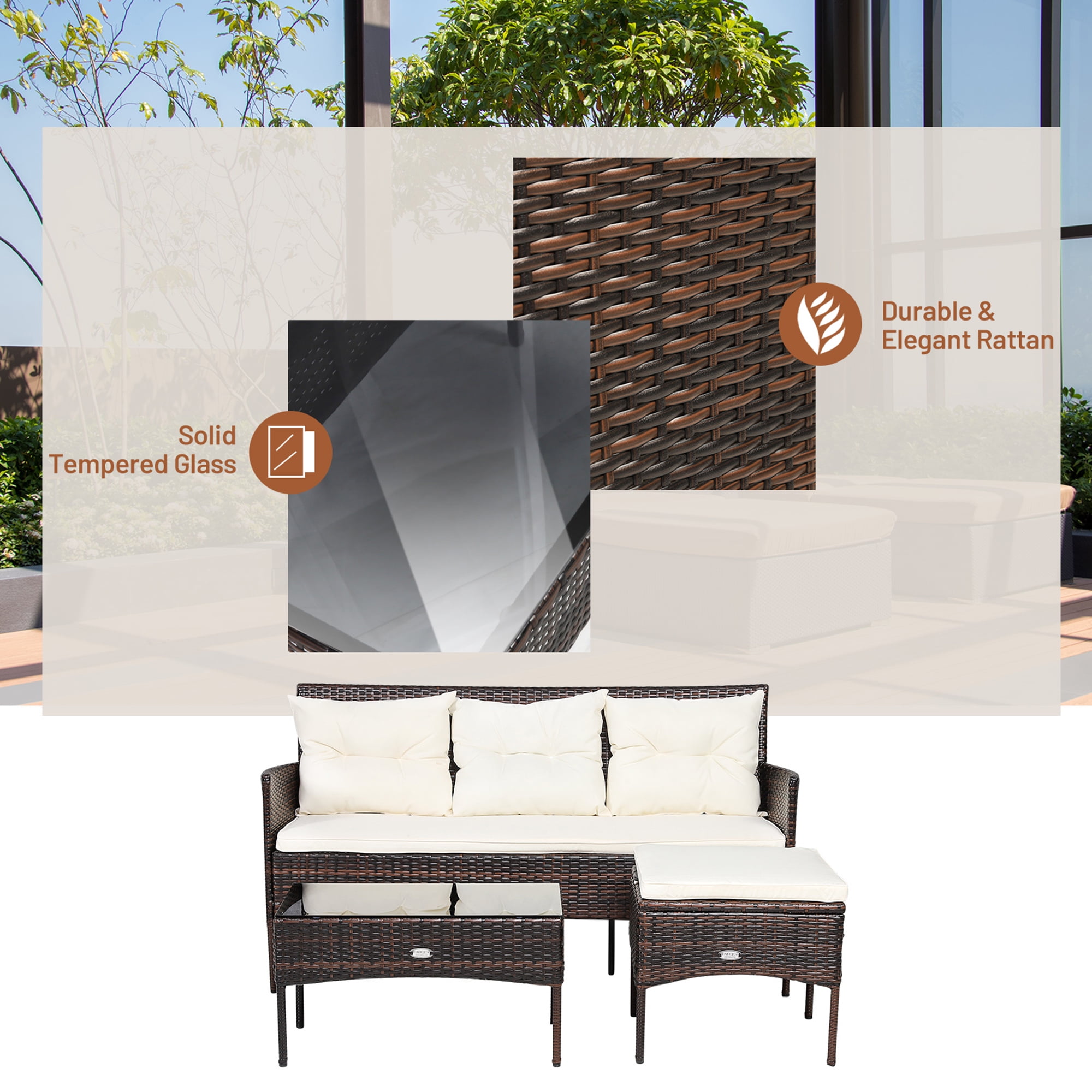 Gymax 3PCS Patio Rattan Sectional Conversation Furniture Set w/ Off White Cushions
