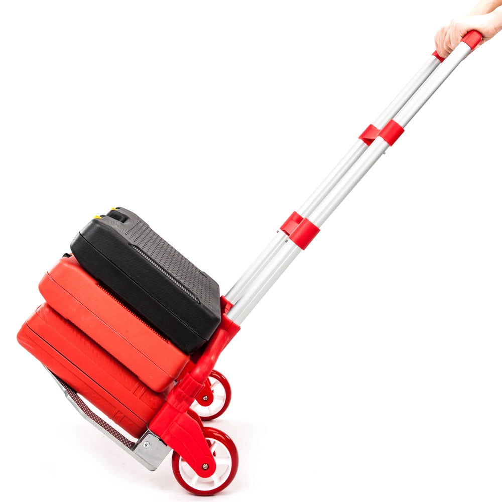 Folding Hand Truck Dolly, 165 Lbs Capacity Dolly Cart, Aluminum Portable Foldable Hand Cart with Retractable Handle for Shoping, Office, Travel, Moving,  Red