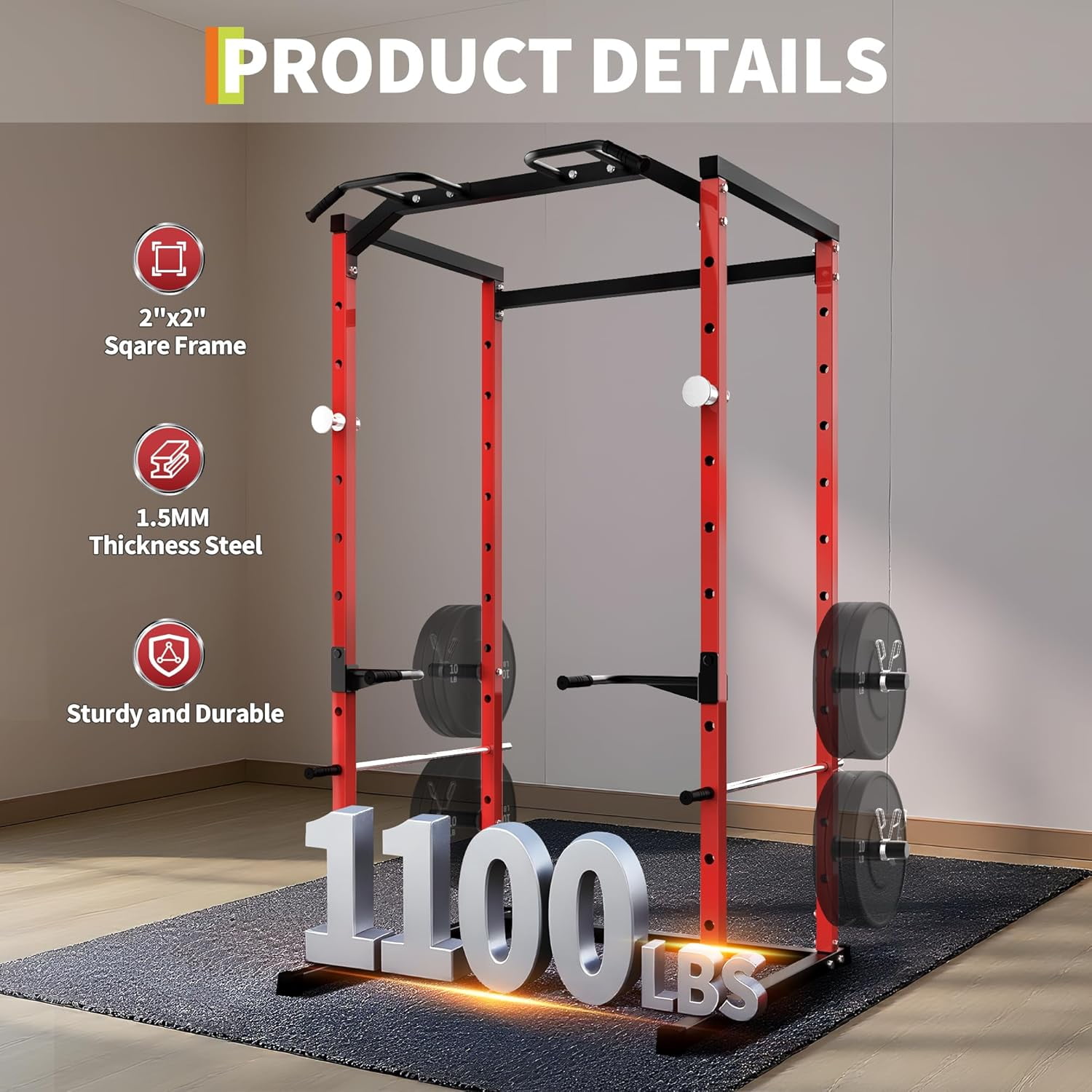 Power Cage Squat Rack with Pull-Up Bar, Dip Bars, & Adjustable Safety Bars, Strength Training for Home Gym 1100 lb Capacity
