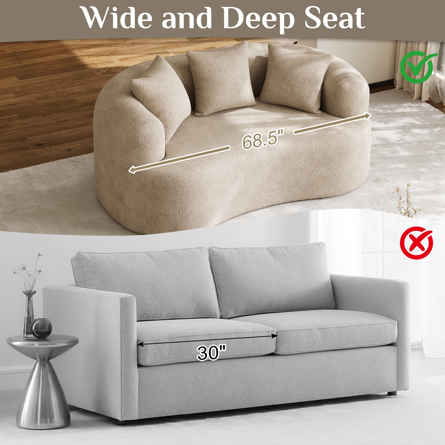 Wiilayok 68.5" Modern Chenille Sofa,Curved Sofa with Deep Seat,Cloud Compression Sofa Couch for Living Room,No Assembly,Light Brown