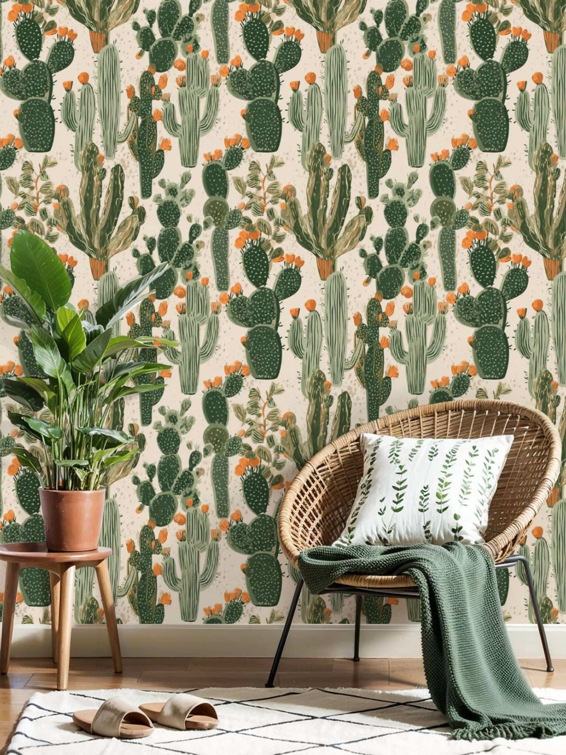 Peel and Stick Wallpaper 23.6in x 9.8ft Desert Cactus Succulent Orange Blooms Contact Paper Vinyl Self-Adhesive Removable Wall Paper for Bedroom DIY Home Decor Renter Friendly