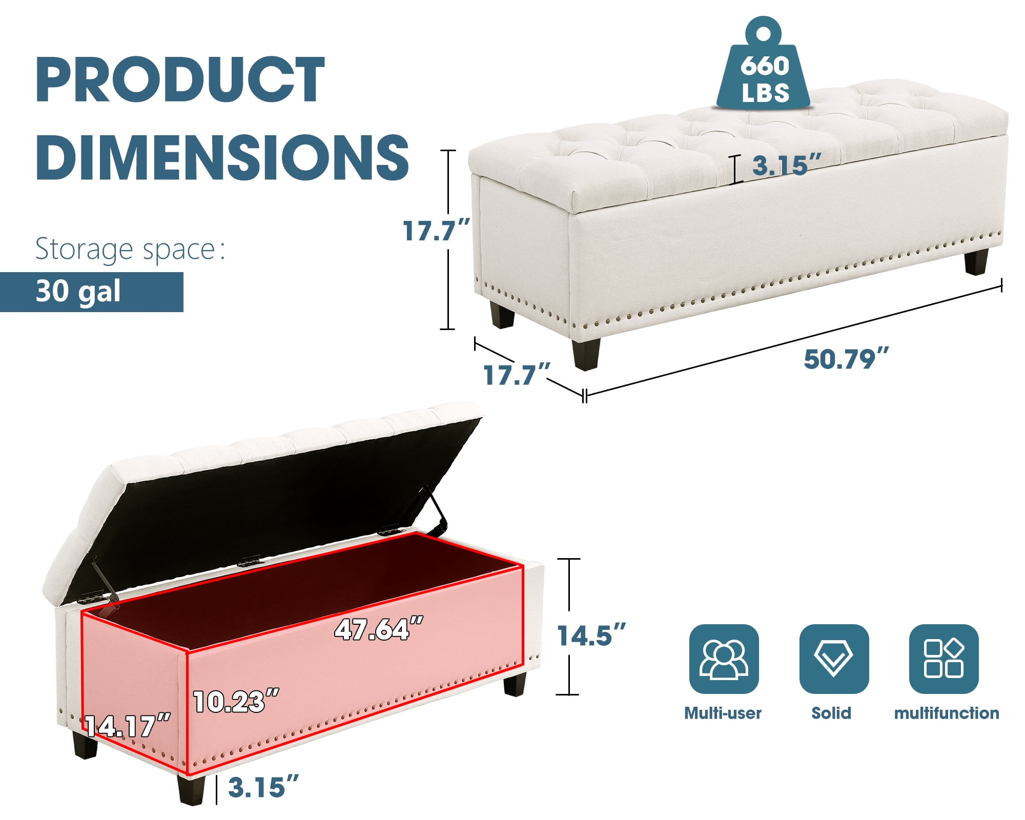Haverchair 51" Ottoman Storage Benches, 30 Gallons End of Bed Storage Bench, Large Rectangular Storage Ottoman, Button-Tufted Ottoman with Storage for Living Room Bedroom, Foot of Bed (Beige)