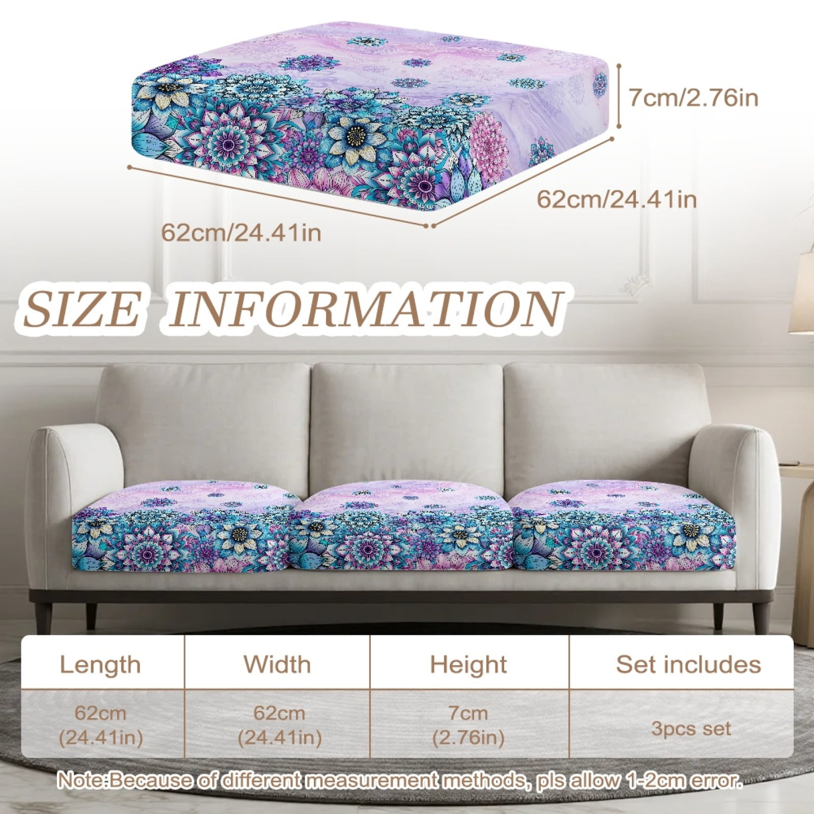 Xoenoiee Boho Mandala Marble Print 3 Pieces Couch Cushion Covers Stretch Sofa Covers Washable Couch Covers Non-Slip Individual Seat Cushion Slipcovers