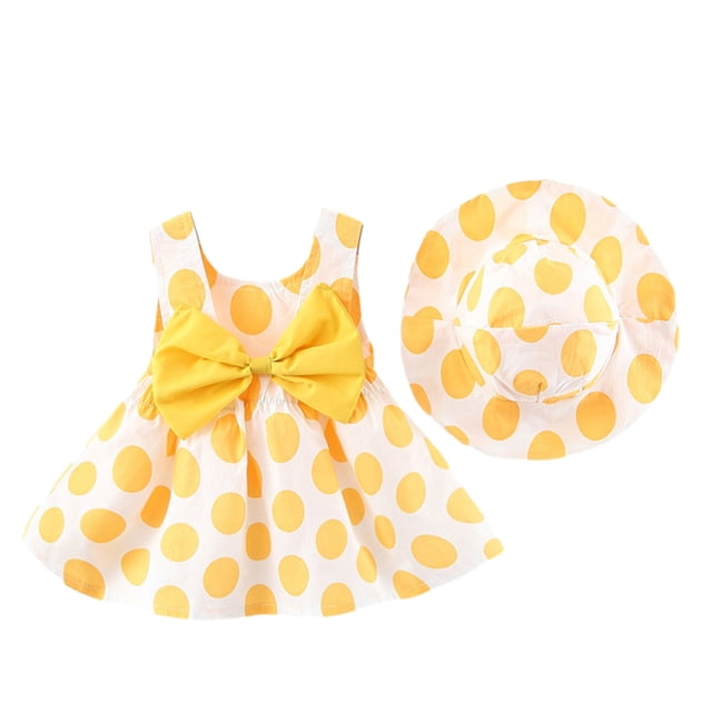 Robe d'Été pour Filles 0-3 Ans Robe Sans Manches à Pois Imprimés avec Nœud Ensemble Chapeau