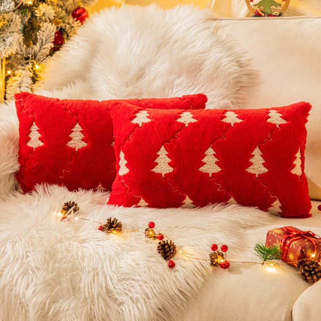 Christmas Tree Embroidered Throw Pillows Set of 2 Packs, Winter Soft Fluffy Christmas Decorative Throw Pillow Covers Decor for Home Sofa Couch Bed Room