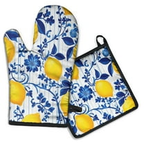 Blue Lemon Kitchen Oven Mitt and Pot Holder Sets 2 Pcs for Baking, Cooking and Grilling, Heat Resistant Up To 392 °F